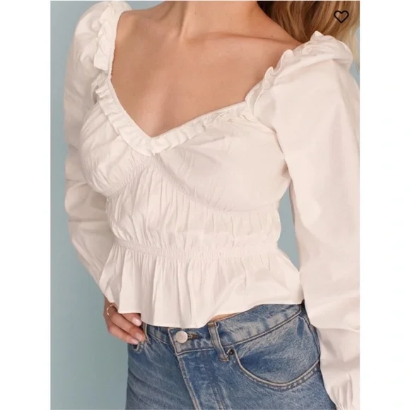 Reformation Fern Ruffled Gathered Stretch Organic Cotton Poplin Top - Picture 1 of 7